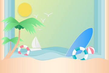 Fototapeta na wymiar Vector beach with swim ring, surfboard, sailboat, in summer .paper art and Vector illustration design.