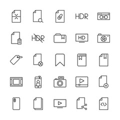 Modern Simple Set of video, photos, bookmarks, files Vector outline Icons. Contains such Icons as remove,  architecture,  technology, play and more on white background. Fully Editable. Pixel Perfect.