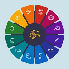 hotel, sports, shopping, travel Infographic Circle outline Icons Set. Contains such Icons as relax,  deck,  nature,  air,  tropical,  game,  post, beach, bow and more. Fully Editable. Pixel Perfect