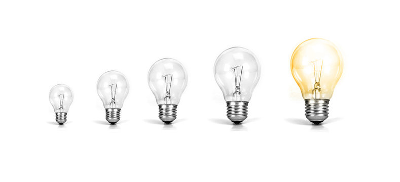 the Light bulb with one growth of glowing bulb on white background ,  growth success of business creative idea concept