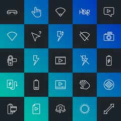Modern Simple Set of mobile, video, photos, cursors Vector outline Icons. Contains such Icons as  travel,  old,  flash,  end and more on dark and gradient background. Fully Editable. Pixel Perfect.