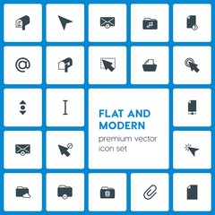 Modern Simple Set of folder, cursors, files, email Vector fill Icons. Contains such Icons as  sign, paperclip,  arrow,  answer, cursor,  data and more on dark background. Fully Editable. Pixel Perfect