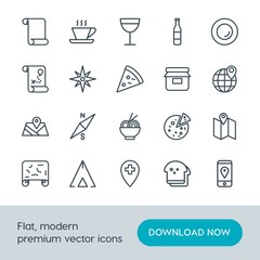 Modern Simple Set of food, location, drinks Vector outline Icons. Contains such Icons as  white, beverage, mobile,  breakfast,  tent,  loaf and more on white background. Fully Editable. Pixel Perfect.