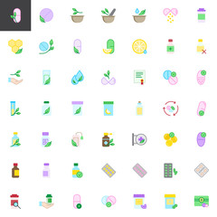 Medicaments elements collection, flat icons set, Colorful symbols pack contains - pills, mortar, herbal, leaves, honeycomb, medicine, vitamin, pharmacy medical Vector illustration Flat style design