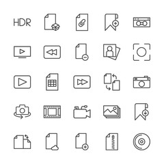 Modern Simple Set of video, photos, bookmarks, files Vector outline Icons. Contains such Icons as sheet, hdr,  cassette, add,  rotation and more on white background. Fully Editable. Pixel Perfect.