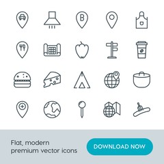 Modern Simple Set of food, location, drinks Vector outline Icons. Contains such Icons as  location,  pin, food,  car,  map,  house,  apron and more on white background. Fully Editable. Pixel Perfect.