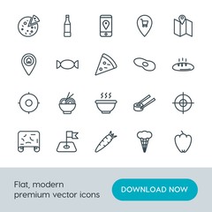 Modern Simple Set of food, location, drinks Vector outline Icons. Contains such Icons as beverage, pizza,  water,  noodle,  fish, fresh and more on white background. Fully Editable. Pixel Perfect.