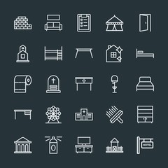Modern Simple Set of buildings, furniture, housekeeping Vector outline Icons. Contains such Icons as room,  sign,  aromatherapy,  money,  tv and more on dark background. Fully Editable. Pixel Perfect.