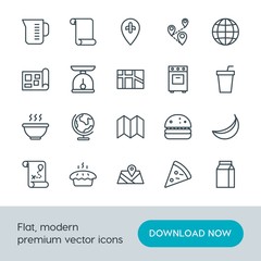 Modern Simple Set of food, location, drinks Vector outline Icons. Contains such Icons as earth,  background, milk,  tool,  fast,  kitchen and more on white background. Fully Editable. Pixel Perfect.