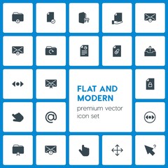 Modern Simple Set of folder, cursors, files, email Vector fill Icons. Contains such Icons as  technology,  file,  letter, mail,  internet and more on dark background. Fully Editable. Pixel Perfect