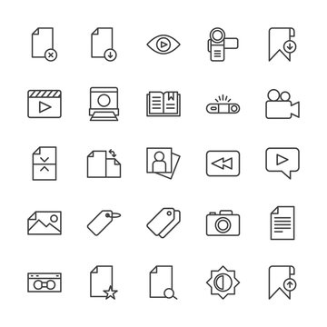 Modern Simple Set of video, photos, bookmarks, files Vector outline Icons. Contains such Icons as  lens,  computer,  vhs,  search,  fashion and more on white background. Fully Editable. Pixel Perfect.