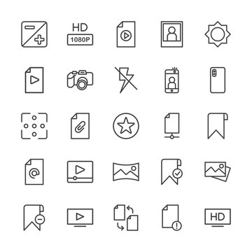 Modern Simple Set of video, photos, bookmarks, files Vector outline Icons. Contains such Icons as  off,  button,  clip,  video,  computer,  and more on white background. Fully Editable. Pixel Perfect.