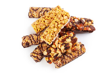 Healthy granola munchies on white background
