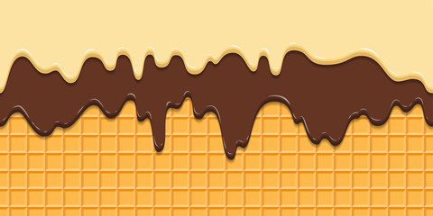 Seamless pattern. Current icing and chocolate on waffle texture background, waffle cone with ice cream. Cartoon illustration for web, site, advertising, banner, poster, flyer, business card. Vector
