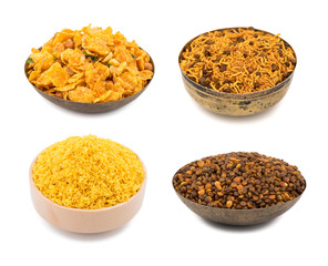 Collage of Indian Namkeen Food Crunchy Mixture, Dalmoth or Sev in Vintage Bowl isolated on White Background