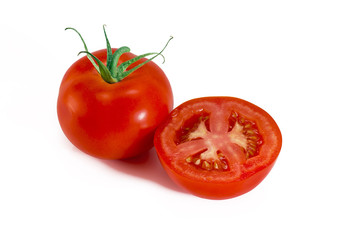 Thin slice of fresh tomato, isolated on white background.