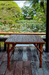 Casual atmosphere with views of trees and lotus ponds.