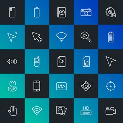 Modern Simple Set of mobile, video, photos, cursors Vector outline Icons. Contains such Icons as  television, target,  media and more on dark and gradient background. Fully Editable. Pixel Perfect.