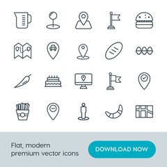 Modern Simple Set of food, location, drinks Vector outline Icons. Contains such Icons as map,  fast,  hamburger,  dessert,  pointer,  pin and more on white background. Fully Editable. Pixel Perfect.