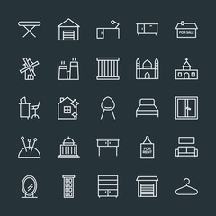 Modern Simple Set of buildings, furniture, housekeeping Vector outline Icons. Contains such Icons as  oval,  clothes,  door,  fashion, frame and more on dark background. Fully Editable. Pixel Perfect.