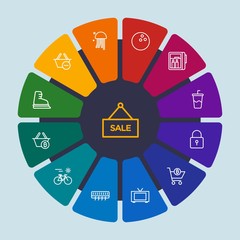 hotel, sports, shopping, travel Infographic Circle outline Icons Set. Contains such Icons as  room, bitcoin,  display,  air,  skating,  leisure, fridge, winter and more. Fully Editable. Pixel Perfect