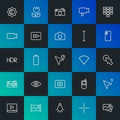 Modern Simple Set of mobile, video, photos, cursors Vector outline Icons. Contains such Icons as  lamp, retro,  scroll, player and more on dark and gradient background. Fully Editable. Pixel Perfect.