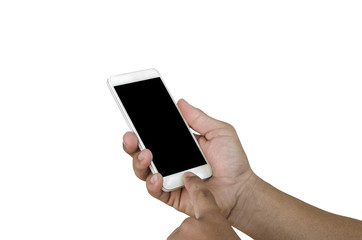 hand holding smartphone isolated on white clipping path inside