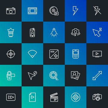 Modern Simple Set of mobile, video, photos, cursors Vector outline Icons. Contains such Icons as  play, player,  music,  dslr and more on dark and gradient background. Fully Editable. Pixel Perfect.