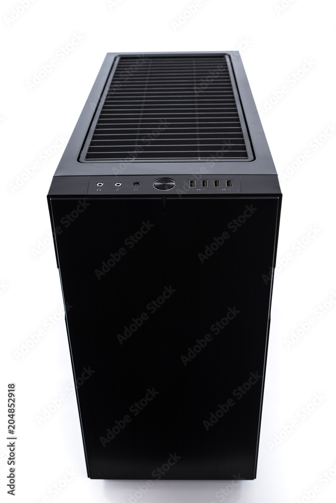Poster computer box with hardware game console behind white background