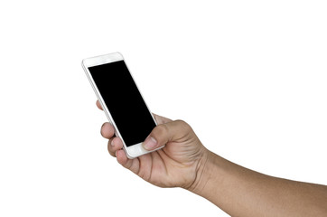 hand holding smartphone isolated on white clipping path inside