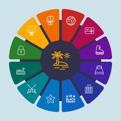 hotel, sports, shopping, travel Infographic Circle outline Icons Set. Contains such Icons as  nature,  discount,  marine, gift,  home,  sign,  friday, bathrobe and more. Fully Editable. Pixel Perfect