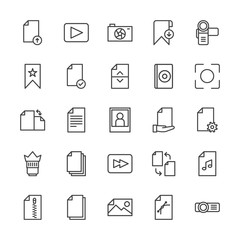 Modern Simple Set of video, photos, bookmarks, files Vector outline Icons. Contains such Icons as business,  storage,  hand,  divider,  zip and more on white background. Fully Editable. Pixel Perfect.