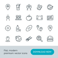 Modern Simple Set of food, location, drinks Vector outline Icons. Contains such Icons as map,  place,  fish,  party,  burger, beef, sushi and more on white background. Fully Editable. Pixel Perfect.