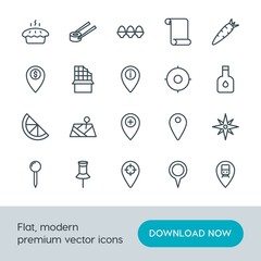 Modern Simple Set of food, location, drinks Vector outline Icons. Contains such Icons as  location,  carrot,  candy,  transportation, fresh and more on white background. Fully Editable. Pixel Perfect.
