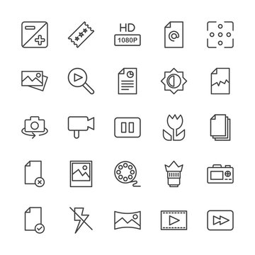 Modern Simple Set of video, photos, bookmarks, files Vector outline Icons. Contains such Icons as  camera, mail,  document,  lens, rewind and more on white background. Fully Editable. Pixel Perfect.