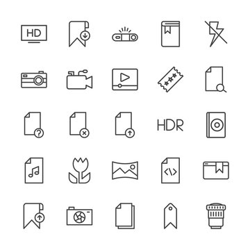 Modern Simple Set of video, photos, bookmarks, files Vector outline Icons. Contains such Icons as  paper,  flash,  concept,  template,  off and more on white background. Fully Editable. Pixel Perfect.