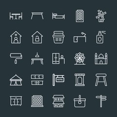 Modern Simple Set of buildings, furniture, housekeeping Vector outline Icons. Contains such Icons as  power,  energy,  old,  building, linen and more on dark background. Fully Editable. Pixel Perfect.