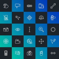 Modern Simple Set of mobile, video, photos, cursors Vector outline Icons. Contains such Icons as  photography,  video, pointer and more on dark and gradient background. Fully Editable. Pixel Perfect.
