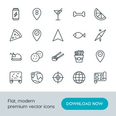 Modern Simple Set of food, location, drinks Vector outline Icons. Contains such Icons as  drink,  french,  road,  travel, pizza,  map, can and more on white background. Fully Editable. Pixel Perfect.