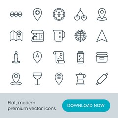 Modern Simple Set of food, location, drinks Vector outline Icons. Contains such Icons as  gps,  sweet,  kitchen,  pin,  location,  soda and more on white background. Fully Editable. Pixel Perfect.