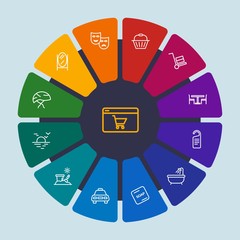 hotel, sports, shopping, travel Infographic Circle outline Icons Set. Contains such Icons as  disturb,  post, theater, door,  helmet, mail,  background,  hotel and more. Fully Editable. Pixel Perfect