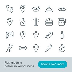 Modern Simple Set of food, location, drinks Vector outline Icons. Contains such Icons as  food,  catering,  fresh, compass, breakfast,  pin and more on white background. Fully Editable. Pixel Perfect.