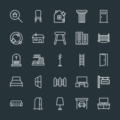 Modern Simple Set of buildings, furniture, housekeeping Vector outline Icons. Contains such Icons as garage,  food,  entertainment,  jar and more on dark background. Fully Editable. Pixel Perfect.