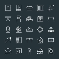 Modern Simple Set of buildings, furniture, housekeeping Vector outline Icons. Contains such Icons as  home,  house, fire,  justice,  eye and more on dark background. Fully Editable. Pixel Perfect.