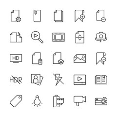 Modern Simple Set of video, photos, bookmarks, files Vector outline Icons. Contains such Icons as  button,  lightbulb, bulb,  camera,  lamp and more on white background. Fully Editable. Pixel Perfect.