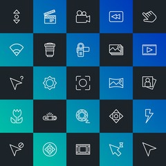 Modern Simple Set of mobile, video, photos, cursors Vector outline Icons. Contains such Icons as  flash, image, lens, wireless and more on dark and gradient background. Fully Editable. Pixel Perfect.