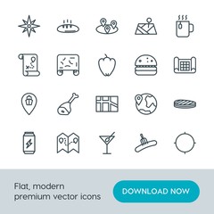 Modern Simple Set of food, location, drinks Vector outline Icons. Contains such Icons as  arrow,  meat, food, cup,  energy,  closeup, map and more on white background. Fully Editable. Pixel Perfect.