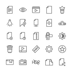 Modern Simple Set of video, photos, bookmarks, files Vector outline Icons. Contains such Icons as camera,  lens,  data,  rotation,  travel and more on white background. Fully Editable. Pixel Perfect.