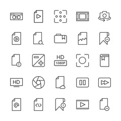 Modern Simple Set of video, photos, bookmarks, files Vector outline Icons. Contains such Icons as  file,  light,  connection,  photo, stop and more on white background. Fully Editable. Pixel Perfect.