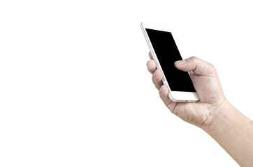 hand holding smartphone isolated on white clipping path inside